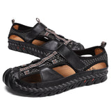 Men's Brand Genuine Leather Summer Casual Flat Sandals Roman Beach Footwear Sneakers Low Wedges Shoes Mart Lion Black 6 