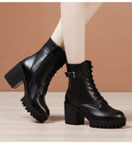 Belt Buckle Block Heel Platform Ankle Boots Women Shoes Genuine Leather Boots High Heels Office MartLion   