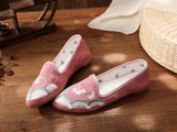 Flower Embroidered Women Cotton Fabric Pointed Toe Flat Shoes Slip On Flats Style MartLion   