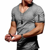 Men's V-neck T-shirt Fitness Bodybuilding High Street Summer Short-Sleeved Zipper Casual Cotton Top Mart Lion Dark gray S 