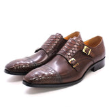 Men's Dress Shoes Genuine Leather Double Buckle Monk Strap Snake Print Cap Toe Classic MartLion   