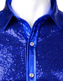 Luxury Royal Blue Sequin Metallic Dress Shirts Men's Long Sleeve 70's Disco Party Shirt Christmas Halloween MartLion   