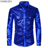 Luxury Royal Blue Sequin Metallic Dress Shirts Men's Long Sleeve 70's Disco Party Shirt Christmas Halloween MartLion   