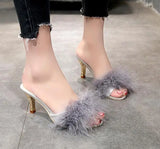 Summer Shoes Woman Feather Thin High Heels Fur Slippers Peep Toe Mules Lady Pumps Slides MartLion   