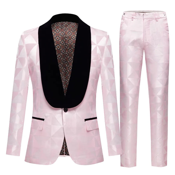  Men's Pink Suits Black Lapel 2 Pieces Set Handsome Groom Wedding Tuxedos Slim Fit Formal Blazer Pants Outfit MartLion - Mart Lion