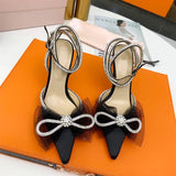 Runway style Glitter Rhinestones Women Pumps Crystal bowknot Satin Summer Lady Shoes Genuine leather High heels Party Prom MartLion