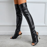 Spring Autumn Zip Metal Thin Heels Open Toe Leather Thigh High Over The Knee Boots Ladies Party Club Stripper Shoes Women Mart Lion   