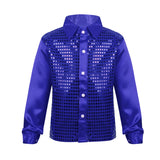 Kids Boys Shiny Sequin Long Sleeve Shirt Choir Jazz Dance Child Stage Performance Dance Top Rave Outfit MartLion Blue 110 