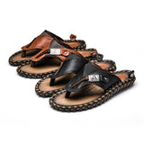 Cow Genuine Leather Retro Men's Summer Sandals Buckle Strap Beach Flip Flops Flat Water Shoes Solid Classic Casual Mart Lion   