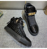 Men Embossed Crocodile High Top Sneakers Lock Lace Red Flats Real Leather Designer Boots Men‘s Casual Shoes MartLion