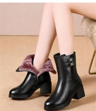 Women Boots Warm Plush Ankle Slim Thick Heel  Classic Black Ladies Shoes Zipper Female Footwear MartLion   