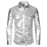 Silver Metallic Sequins Glitter Shirt Men's Disco Party Halloween Chemise Homme Stage Performance Shirt MartLion   