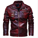 Leather Jacket Men's Winter Fleece Motorcycle PU Stand Collar Casual Windbreaker Ropa De Hombre Slim Coat Mart Lion Red L 