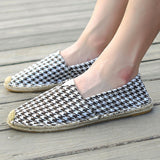 Black Houndstooth Shoes Men's Breathable Linen Casual Loafers Canvas Summer Leisure Flat Fisherman Driving Moccasin Mart Lion   