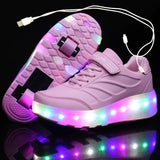 USB Charging Black Two Wheels Luminous Sneakers Led Light Roller Skate Shoes for Children Kids Led Boys Girls MartLion Pink 27 