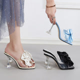 Crystal Bow High Heels Slippers Shoes Woman PVC Transparent Sandals Slides Open Toe Pumps Blue Black Mart Lion   