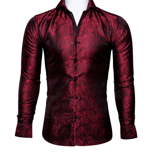  Barry Wang Luxury Red Paisley Silk Shirts Men's Long Sleeve Casual Flower Shirts Designer Fit Dress MartLion - Mart Lion