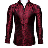 Barry Wang Luxury Red Paisley Silk Shirts Men's Long Sleeve Casual Flower Shirts Designer Fit Dress MartLion   