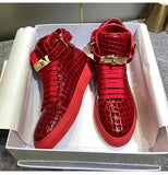 Men Embossed Crocodile High Top Sneakers Lock Lace Red Flats Real Leather Designer Boots Men‘s Casual Shoes MartLion