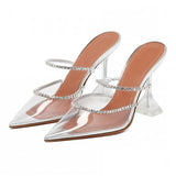 Rhinestones satin Women Pumps Slippers Elegant Pointed toe High heels Lady Mules Summer Party prom Shoes MartLion Silver 42 