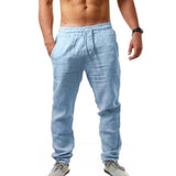 Men's 8 Colors Cotton Linen Pants Spring Autumn Breathable Solid Color Casual Linen Trousers Fitness Streetwear Mart Lion M Blue 