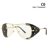 Vintage SteamPunk Pilot Style Sunglasses Leather Side Design Sun Glasses Oculos De Sol 2029 Mart Lion C6 Gold Transparent  