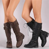 Women Knee Boots Winter Lace Up Flat Shoes  Retro Buckle women shoes Ladies Snow Boots MartLion   