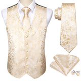 4PC Men's Extra Silk Vest Party Wedding Gold Paisley Solid Floral Waistcoat Vest Pocket Square Tie Suit Set Barry Wang Mart Lion BM-2058 XL 