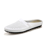 Breathable Hollow Casual Shoes Men's Loafers Genuine Leather Summer Half Slip On Water MartLion 10 White Shoes Men 