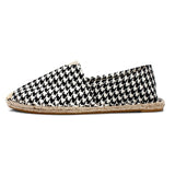 Black Houndstooth Shoes Men's Breathable Linen Casual Loafers Canvas Summer Leisure Flat Fisherman Driving Moccasin Mart Lion Black Houndstooth 4 