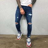 Men Jeans Knee Hole Ripped Stretch Skinny Denim Pants Solid Color Black Blue Summer MartLion   