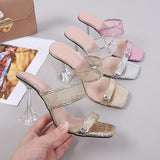 Elegant Square Toe Transparent Spike Heels Pumps Mesh Slippers Summer Women Gold Sandals Mules Party Shoe Mart Lion   