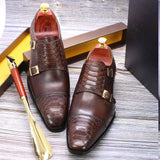 Men's Dress Shoes Genuine Leather Double Buckle Monk Strap Snake Print Cap Toe Classic MartLion   