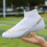 Men's Soccer Shoes Adult Kids TF/FG High Ankle Football Boots Grass Training Sport Cleats Footwear Classic Trend Sneaker Mart Lion   