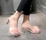 Summer Shoes Woman Feather Thin High Heels Fur Slippers Peep Toe Mules Lady Pumps Slides MartLion   