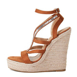 Summer Wedge Sandals Women Straw Rope Weave Thick Bottom Platform High Heels Open Toe Buckle Strap Rhinestone Shoes Mart Lion Brown 35 China