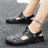 Men's Leather Sandals Luxury Summer Shoes Oxhide Handmade Slippers Black Brown Mart Lion   