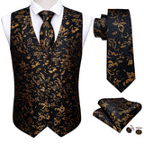 4PC Men's Extra Silk Vest Party Wedding Gold Paisley Solid Floral Waistcoat Vest Pocket Square Tie Suit Set Barry Wang Mart Lion BM-2037 XL 