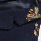 Shenrun Men's Jacket Navy Blue Worsted Bee Embroidery Wedding Groom Suit Jackets Casual Slim blazers MartLion   