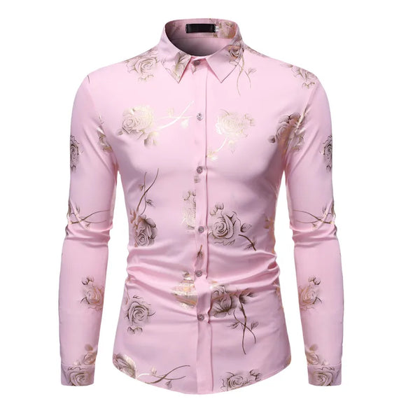  Stylish Rose Floral Gold Print Pink Shirt Men's Slim Fit Long Sleeve Dress Shirts Club Party Wedding Camisa Social MartLion - Mart Lion