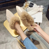 Women Furry Slippers Autumn Pointed Toe Mules Ladies Warm Fur Casual Flats Shoes Footwear MartLion   