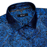 Hi-Tie Navy Blue Gold Paisley Floral Men's Silk Shirt Long Sleeve Casual Shirt Jacquard Party Wedding Dress MartLion   
