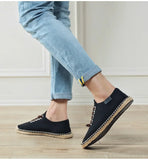 Canvas Shoes Men's Flat Casual Loafers Breathable Hemp Lazy Cool Young Footwear Slip-on Cloth Black MartLion   