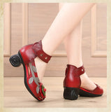 Genuine Leather Retro Style Chunky Heel Sandals Flower Open Toe Handmade Women High-Heeled Shoes MartLion   