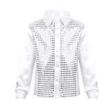 Kids Boys Shiny Sequin Long Sleeve Shirt Choir Jazz Dance Child Stage Performance Dance Top Rave Outfit MartLion White 160 