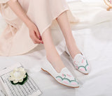 Flower Embroidered Women Cotton Fabric Pointed Toe Flat Shoes Slip On Flats Style MartLion   