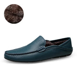 Winter Warm Fur Loafers Genuine Leather Handmade Driving Men's Shoes Casual Solid Slip-On Breathable MartLion 8 Blue with Fur 