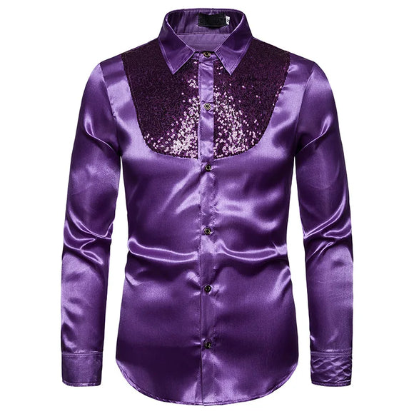 Purple Sequin Patchwork Silk Shirt Men's Western Boy Style Satin Dress Shirts Disco Dance Stage Prom MartLion - Mart Lion