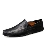 Spring Summer Men's Breathable Casual Shoes Genuine Leather Loafers Non-slip Boat Moccasins Mart Lion Hollow Black 6.5 