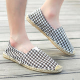 Black Houndstooth Shoes Men's Breathable Linen Casual Loafers Canvas Summer Leisure Flat Fisherman Driving Moccasin Mart Lion   